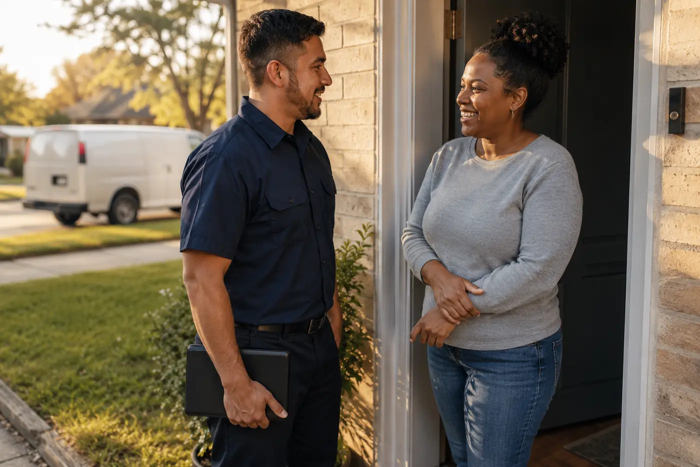 Home-service professional speaking with a homeowner