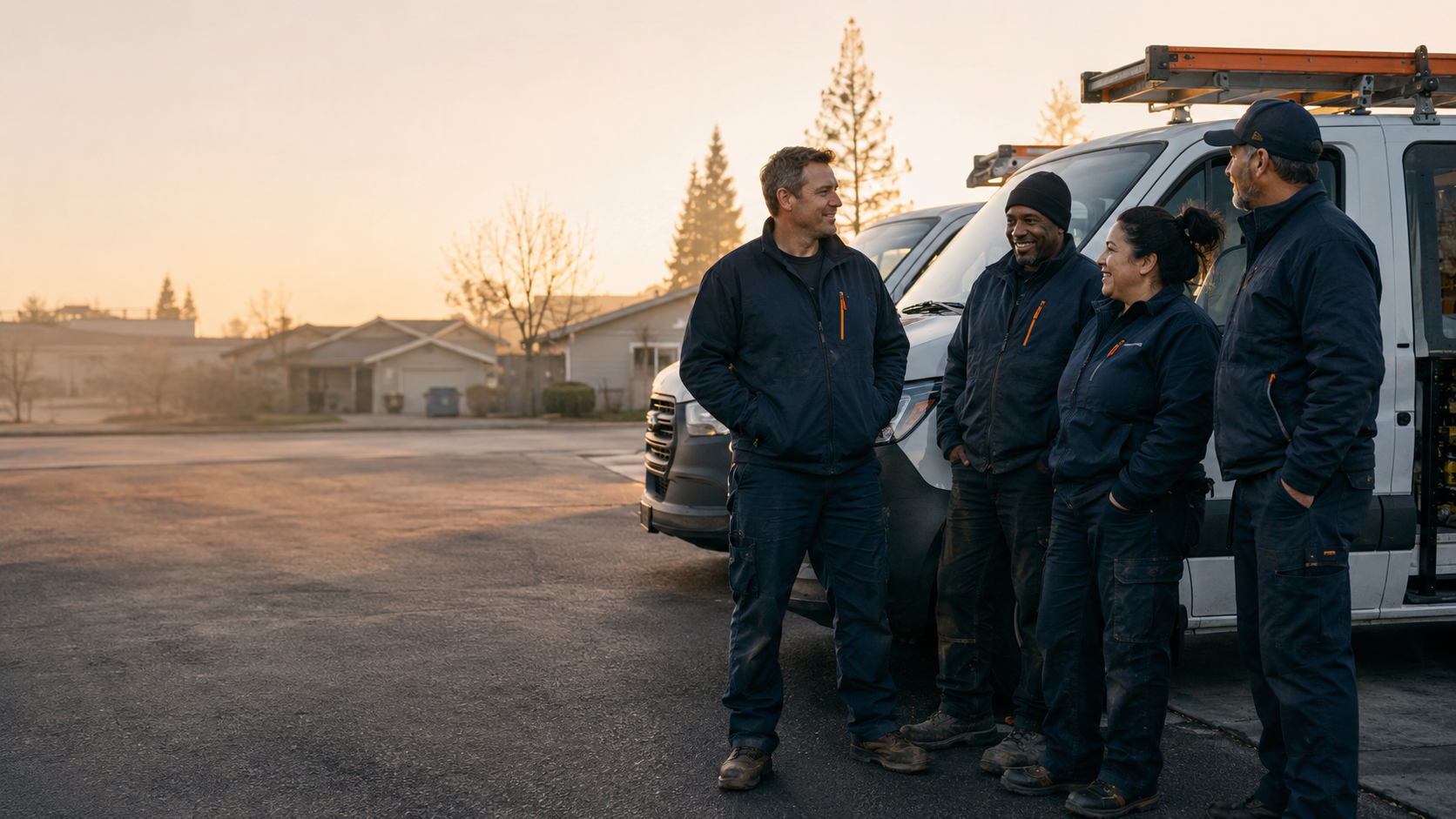 Home-service owner standing with a field team